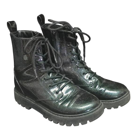 Art Class Black Sparkle Glitter Sparkle Side Zip Lace Combat Boots - Picture 1 of 11